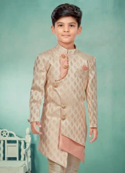 Cream N Pink Banarasi Silk Jacquard Indowestern Sherwani Party Wear 5 Cream N Pink Banarasi Silk Jacquard Indowestern Sherwani Party Wear -C Bazaar Shop cream n pink banarasi silk jacquard indowestern sherwani kdbmsgrk541 b