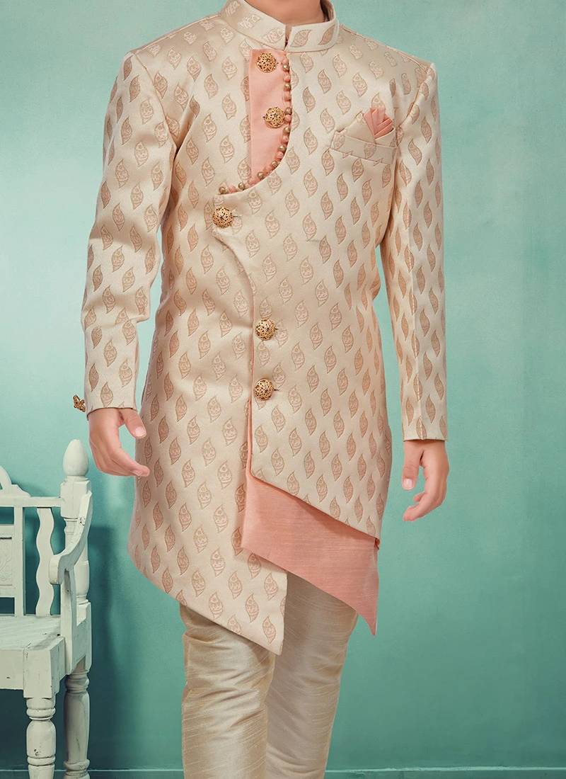 Cream N Pink Banarasi Silk Jacquard Indowestern Sherwani Party Wear 1 Cream N Pink Banarasi Silk Jacquard Indowestern Sherwani Party Wear