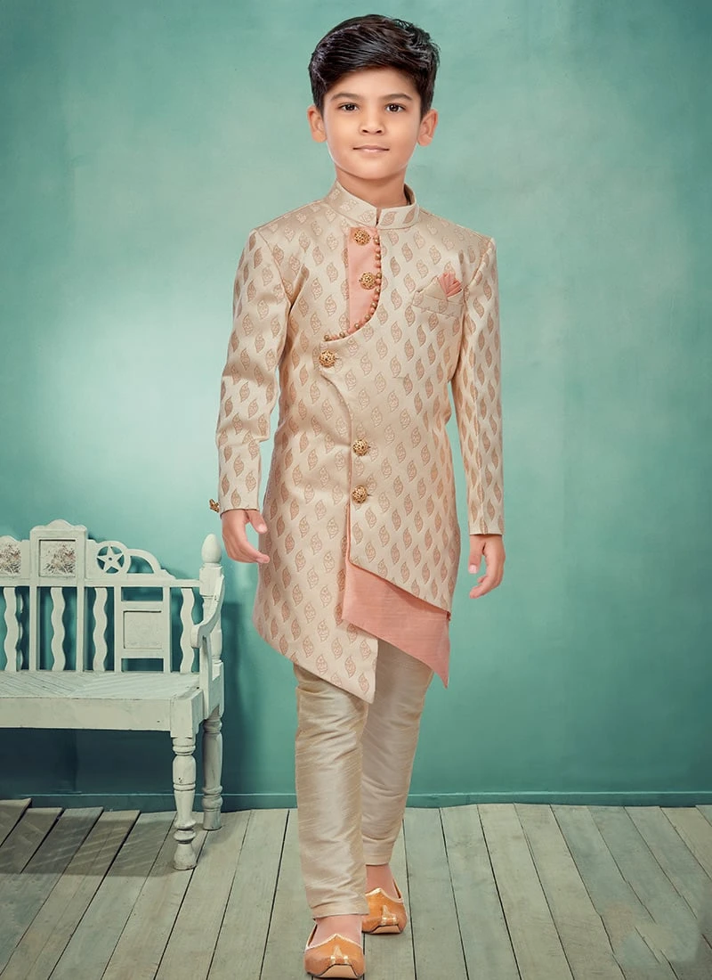 Cream N Pink Banarasi Silk Jacquard Indowestern Sherwani Party Wear 2 Cream N Pink Banarasi Silk Jacquard Indowestern Sherwani Party Wear - Image 2