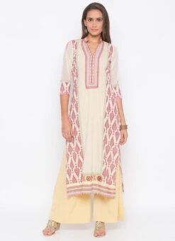Cream N Pink Cotton Palazzo Set Party Wear -C Bazaar Shop cream n pink cotton palazzo set krsmnkc2024 u