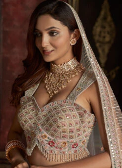 Cream Net Hand Work Umbrella Lehenga Wedding Wear -C Bazaar Shop cream net hand work umbrella lehenga ghskls1002 b