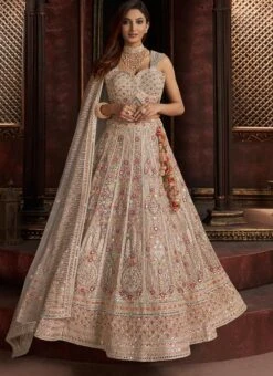 Cream Net Hand Work Umbrella Lehenga Wedding Wear -C Bazaar Shop cream net hand work umbrella lehenga ghskls1002 u