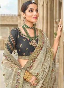 Cream Organza Embroidery Work Saree Party Wear -C Bazaar Shop cream organza embroidery work saree samkns10272851 b