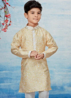 Cream Silk Dupion Printed Kids Kurta Pyjama Party Wear -C Bazaar Shop cream silk dupion printed kids kurta pyjama kdbsgrk729 b