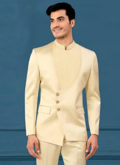 Cream Terry Rayon Satin Bandhgala Suit -C Bazaar Shop cream terry rayon satin bandhgala suit sumdc3716 b