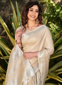 Cream Tissue Linen Jacquard Weaving Saree Festive Wear -C Bazaar Shop cream tissue linen jacquard weaving saree sasvw15 b