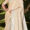 Cream Tissue Linen Jacquard Weaving Saree Festive Wear