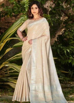 Cream Tissue Linen Jacquard Weaving Saree Festive Wear -C Bazaar Shop cream tissue linen jacquard weaving saree sasvw15 u