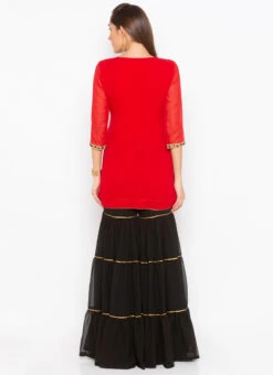 Crimson Red Georgette Mirror Embroidered Kurta Sharara Set After Six Wear -C Bazaar Shop crimson red georgette mirror embroidered kurta sharara set krsmnc1976ks b