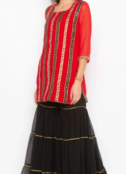 Crimson Red Georgette Mirror Embroidered Kurta Sharara Set After Six Wear