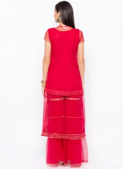 Crimson Red Net Embroidered Kurta Sharara Set After Six Wear -C Bazaar Shop crimson red net embroidered kurta sharara set krsmnc2122ks b