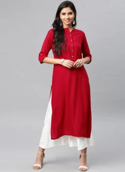 Crimson Red Rayon Soild Stitched Kurta Palazzo Set Work Wear -C Bazaar Shop crimson red rayon soild stitched kurta palazzo set krsdmf2474634 u