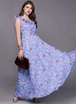 Blue Digital Print V Neck Gown After Six Wear 8 Blue Digital Print V Neck Gown After Six Wear -C Bazaar Shop custom made blue digital print v neck gown IWBS01907078 u