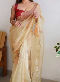Cut Work With Khatli Work Beige Color Organza Saree Party Wear