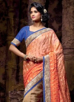 Cute Beige N Peach Half N Half Saree Party Wear -C Bazaar Shop cute beige n peach half n half saree samssr2055a b