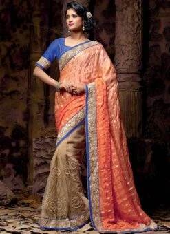 Cute Beige N Peach Half N Half Saree Party Wear -C Bazaar Shop cute beige n peach half n half saree samssr2055a u