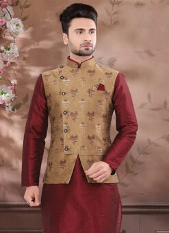 Dark Beige Benarasi Brocade Nehru Jacket -C Bazaar Shop dark beige benarasi brocade nehru jacket jmkmdcj522 b