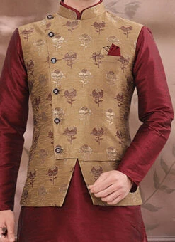 Dark Beige Benarasi Brocade Nehru Jacket