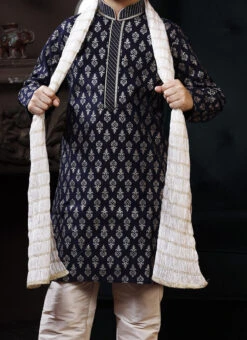 Dark Blue Cotton Printed Boys Kurta Pyjama Party Wear