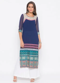 Dark Blue Crepe Printed Kurta Palazzo Set After Six Wear -C Bazaar Shop dark blue crepe printed kurta palazzo set krsmnc2029ks u