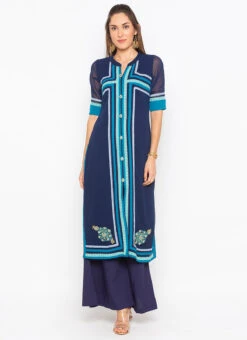 Dark Blue Georgette Thread Work Kurta Palazzo Set After Six Wear -C Bazaar Shop dark blue georgette thread work kurta palazzo set krsmnc1978ks u