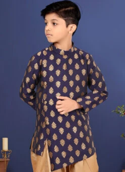 Dark Blue Jacquard Silk Boys Indowestern Sherwani Party Wear -C Bazaar Shop dark blue jacquard silk boys indowestern sherwani kdbkvs651 b