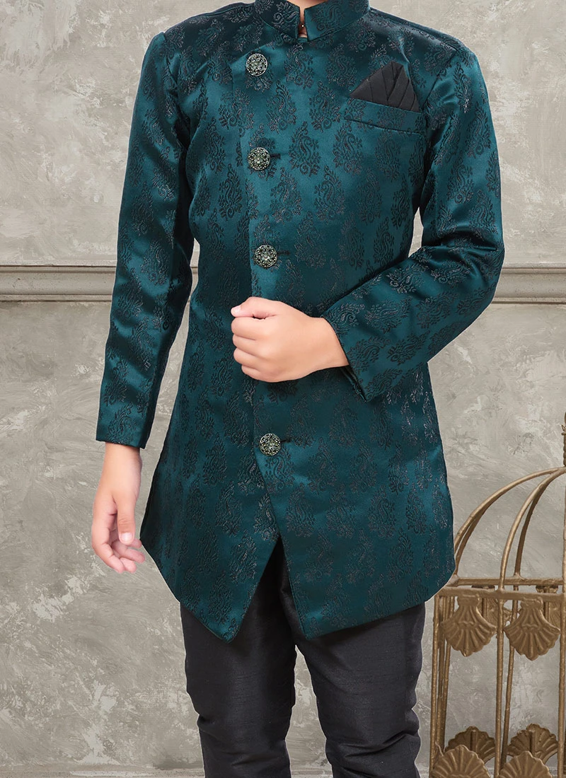 Dark Green Art Silk Jacquard Indowestern Sherwani Party Wear 1 Dark Green Art Silk Jacquard Indowestern Sherwani Party Wear