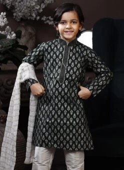 Dark Green Cotton Printed Boys Kurta Pyjama Party Wear -C Bazaar Shop dark green cotton printed boys kurta pyjama kdbmss6193 b
