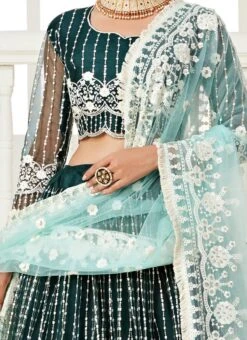 Dark Green Heavy Net Sequins Embroidery Umbrella Lehenga Party Wear