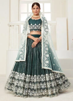 Dark Green Heavy Net Sequins Embroidery Umbrella Lehenga Party Wear -C Bazaar Shop dark green heavy net sequins embroidery umbrella lehenga ghsom3002 u