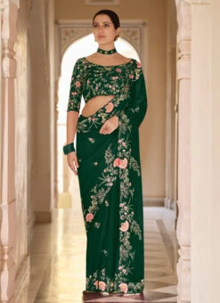 Dark Green Organza Embroidered N Sequins Saree Party Wear -C Bazaar Shop dark green organza embroidered n sequins saree sasak33627608 u