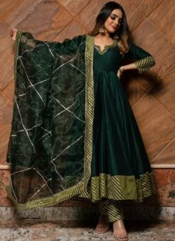 Dark Green Pure Cotton Gota Patti Work Anarkali Suit Party Wear -C Bazaar Shop dark green pure cotton gota patti work anarkali suit sljpjhc400 u