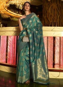 Dark Green Silk Zari Work Saree Festive Wear 6 Dark Green Silk Zari Work Saree Festive Wear -C Bazaar Shop dark green silk zari work saree samkns1073259006 u