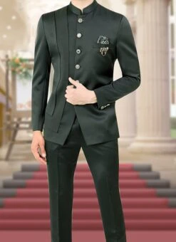 Dark Green Terry Rayon Satin Bandhgala Suit