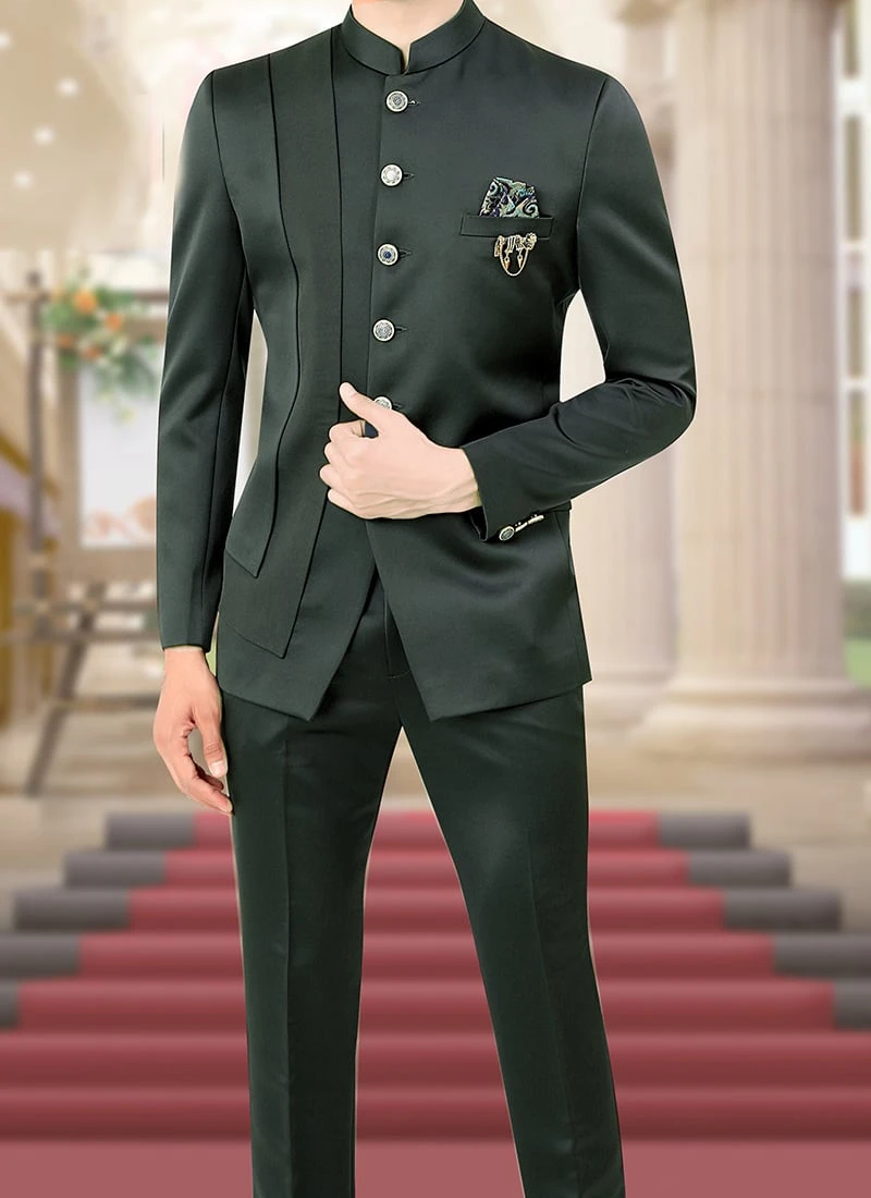 Dark Green Terry Rayon Satin Bandhgala Suit 1 Dark Green Terry Rayon Satin Bandhgala Suit