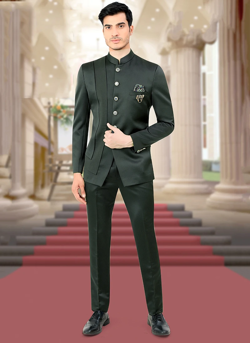 Dark Green Terry Rayon Satin Bandhgala Suit 2 Dark Green Terry Rayon Satin Bandhgala Suit - Image 2