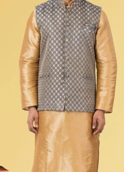 Dark Grey Jacquard Silk Nehru Jacket
