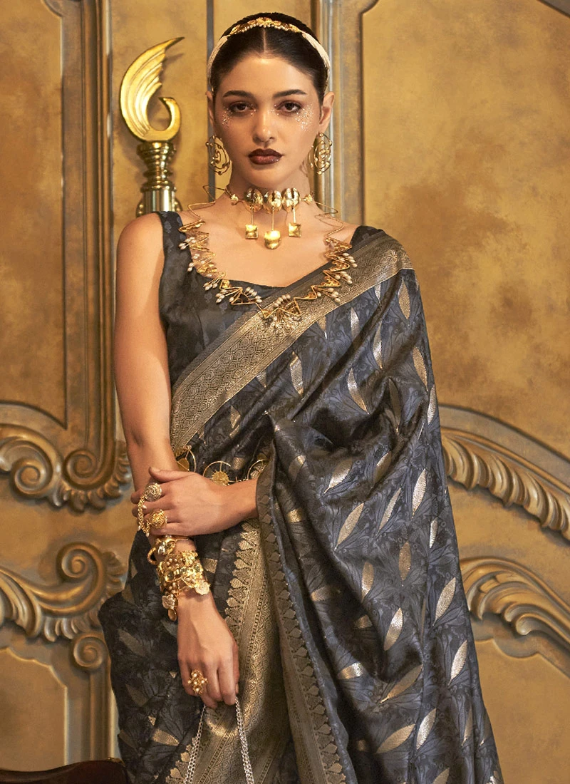 Dark Grey Silk Zari Work Saree Festive Wear 4 Dark Grey Silk Zari Work Saree Festive Wear - Image 4