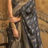 Dark Grey Silk Zari Work Saree Festive Wear