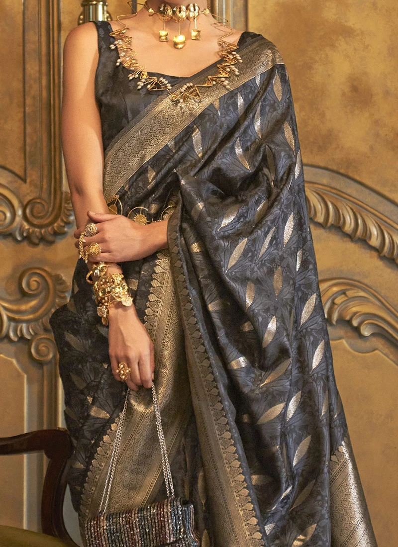 Dark Grey Silk Zari Work Saree Festive Wear 1 Dark Grey Silk Zari Work Saree Festive Wear
