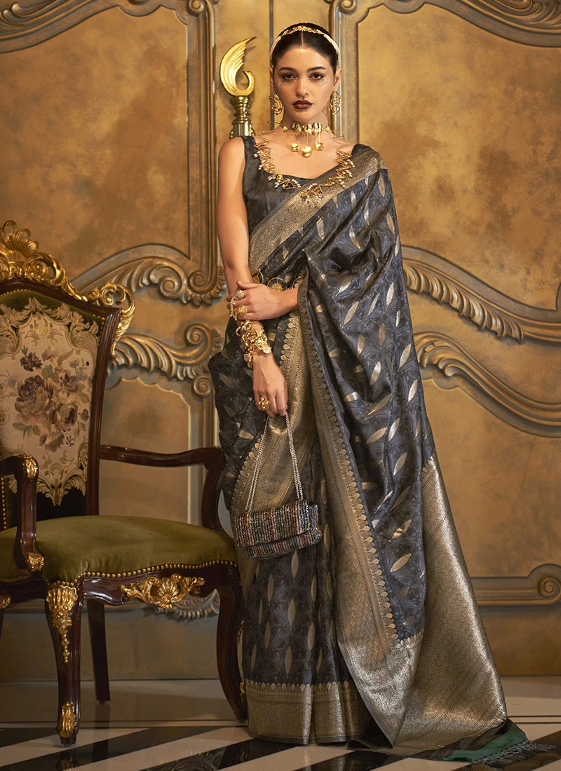 Dark Grey Silk Zari Work Saree Festive Wear 3 Dark Grey Silk Zari Work Saree Festive Wear - Image 3