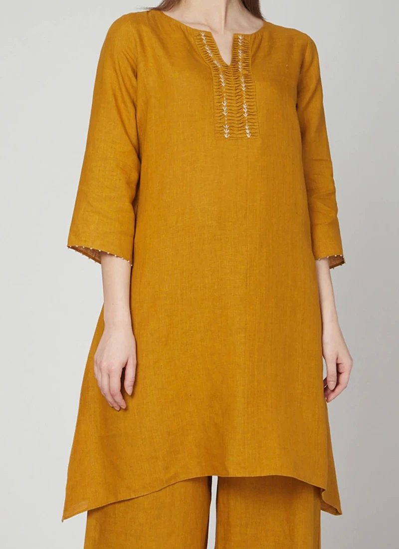 Dark Mustard Linen Kurta Palazzo Set Work Wear 1 Dark Mustard Linen Kurta Palazzo Set Work Wear