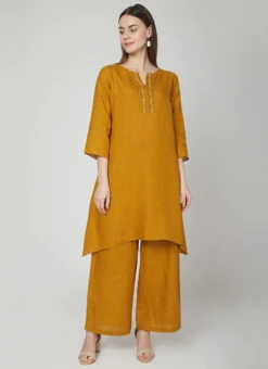Dark Mustard Linen Kurta Palazzo Set Work Wear 6 Dark Mustard Linen Kurta Palazzo Set Work Wear -C Bazaar Shop dark mustard linen kurta palazzo set krsdvcsvts08 u