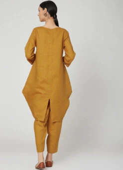 Dark Mustard Linen Kurta Straight Pant Set Work Wear -C Bazaar Shop dark mustard linen kurta straight pant set krsdvcsvts18 b