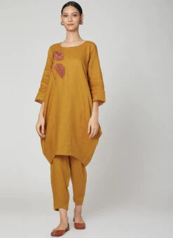 Dark Mustard Linen Kurta Straight Pant Set Work Wear -C Bazaar Shop dark mustard linen kurta straight pant set krsdvcsvts18 u