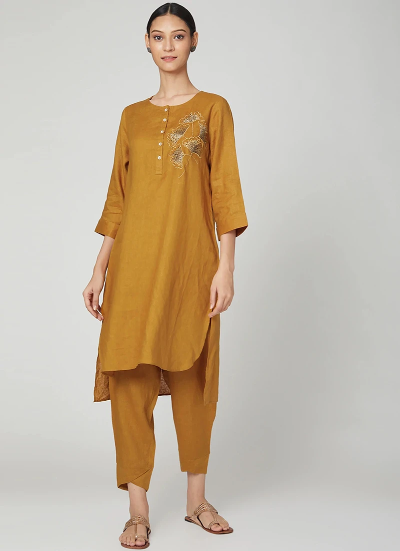 Dark Mustard Rayon Slub Kurta Straight Pant Set Work Wear 3 Dark Mustard Rayon Slub Kurta Straight Pant Set Work Wear - Image 3