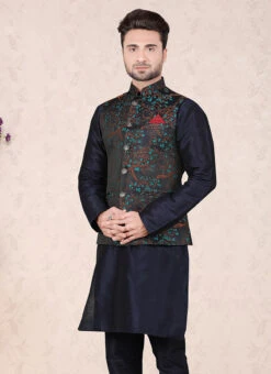 Dark Navy Blue Jacquard Silk Printed Nehru Jacket -C Bazaar Shop dark navy blue jacquard silk printed nehru jacket jmkmdcj530 b