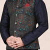 Dark Navy Blue Jacquard Silk Printed Nehru Jacket