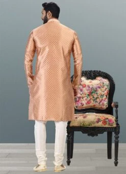Dark Peach Banarasi Silk Embroidered Work Kurta Pyjama Party Wear -C Bazaar Shop dark peach banarasi silk embroidered work kurta pyjama kpmsc2042 b