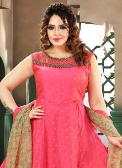 Dark Pink Art Silk Embroidered Gown Party Wear -C Bazaar Shop dark pink art silk embroidered gown bgwrmnf823dp b